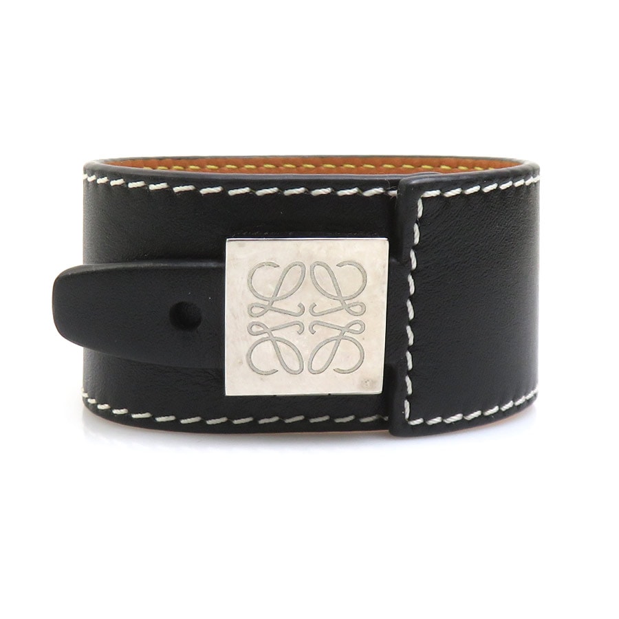 ロエベ LOEWE ブレスレット アナグラム レザー/メタル ブラック/シルバー レディース【中古】 e61780a