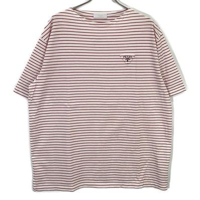 プラダ 21年 UJN814 ホワイト×レッド ボーダー 三角ロゴ オーバーサイズTシャツ XS