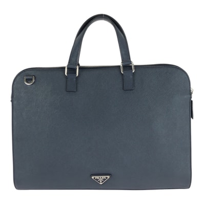 PRADA プラダ サフィアーノ 三角ロゴプレート ネイビー シルバー金具 レザー ビジネスバッグ ハンドバッグ 505192 【中古】