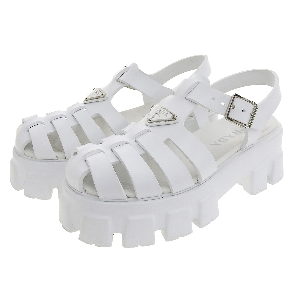 プラダ 美品 モノリス ラバーサンダル シューズ レディース 白 ホワイト 38 1X853M 38