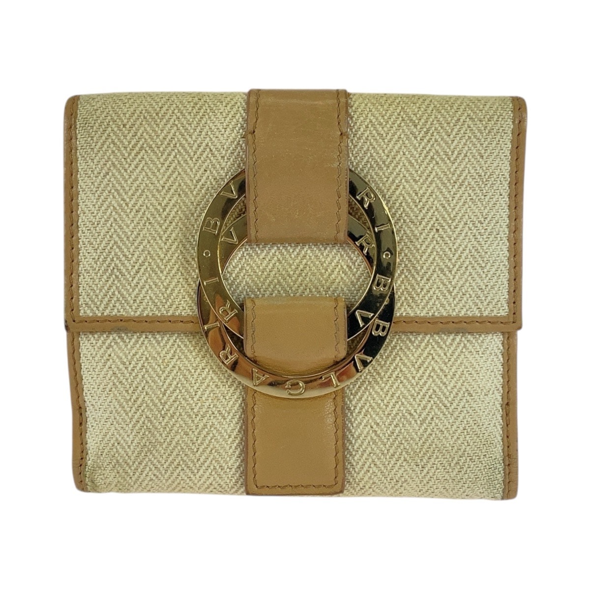 BVLGARI ブルガリ チャンドラ ベージュ ゴールド金具 ツイード レザー/ 折り財布 コンパクトウォレット 505744 【中古】