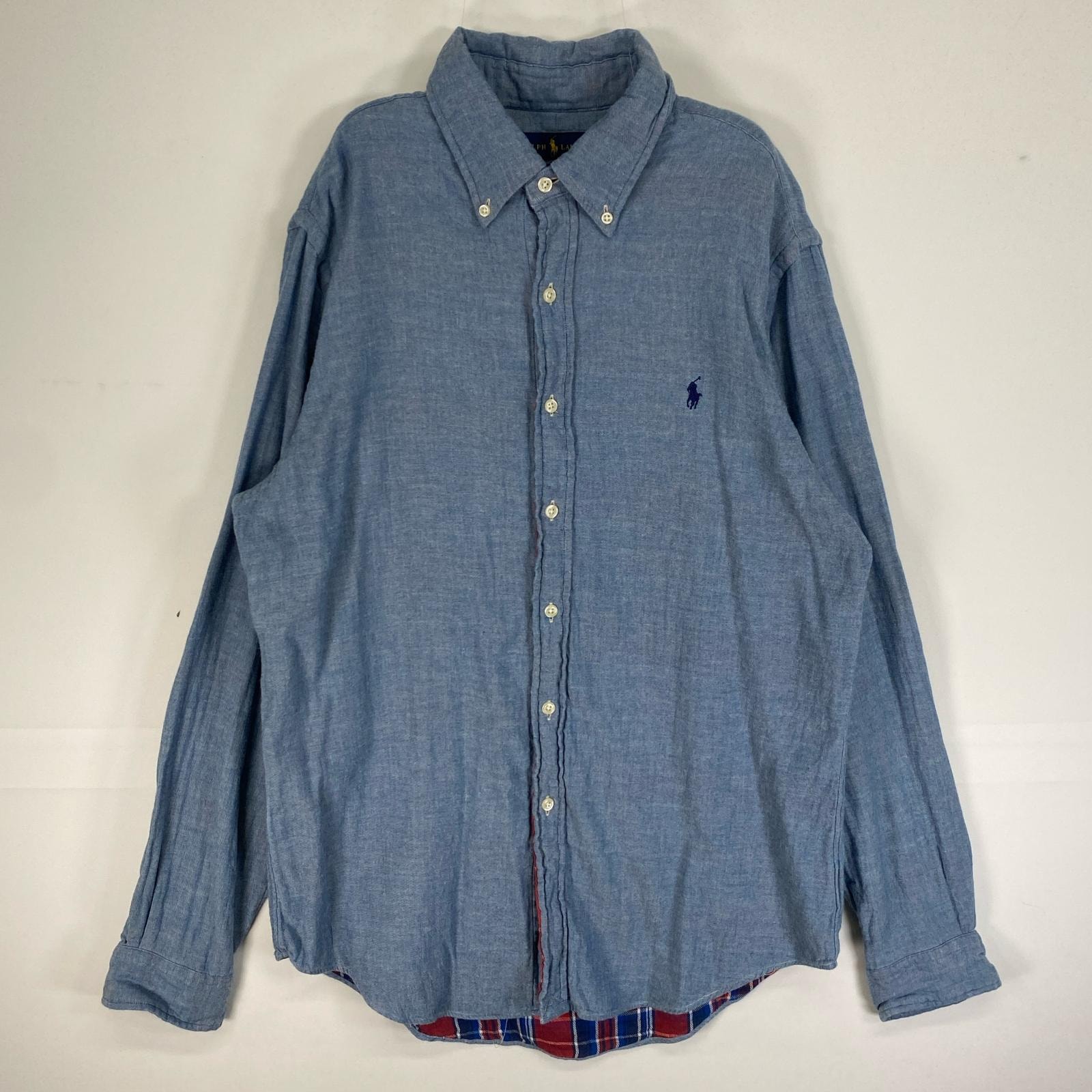 古着 ラルフローレン RALPH LAUREN 長袖シャツ 裏地あり チェック 肉厚 ロゴ 刺繍 L  ブルー系 無地 メンズ