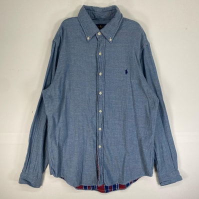 古着 ラルフローレン RALPH LAUREN 長袖シャツ 裏地あり チェック 肉厚 ロゴ 刺繍 L ブルー系 無地 メンズ
