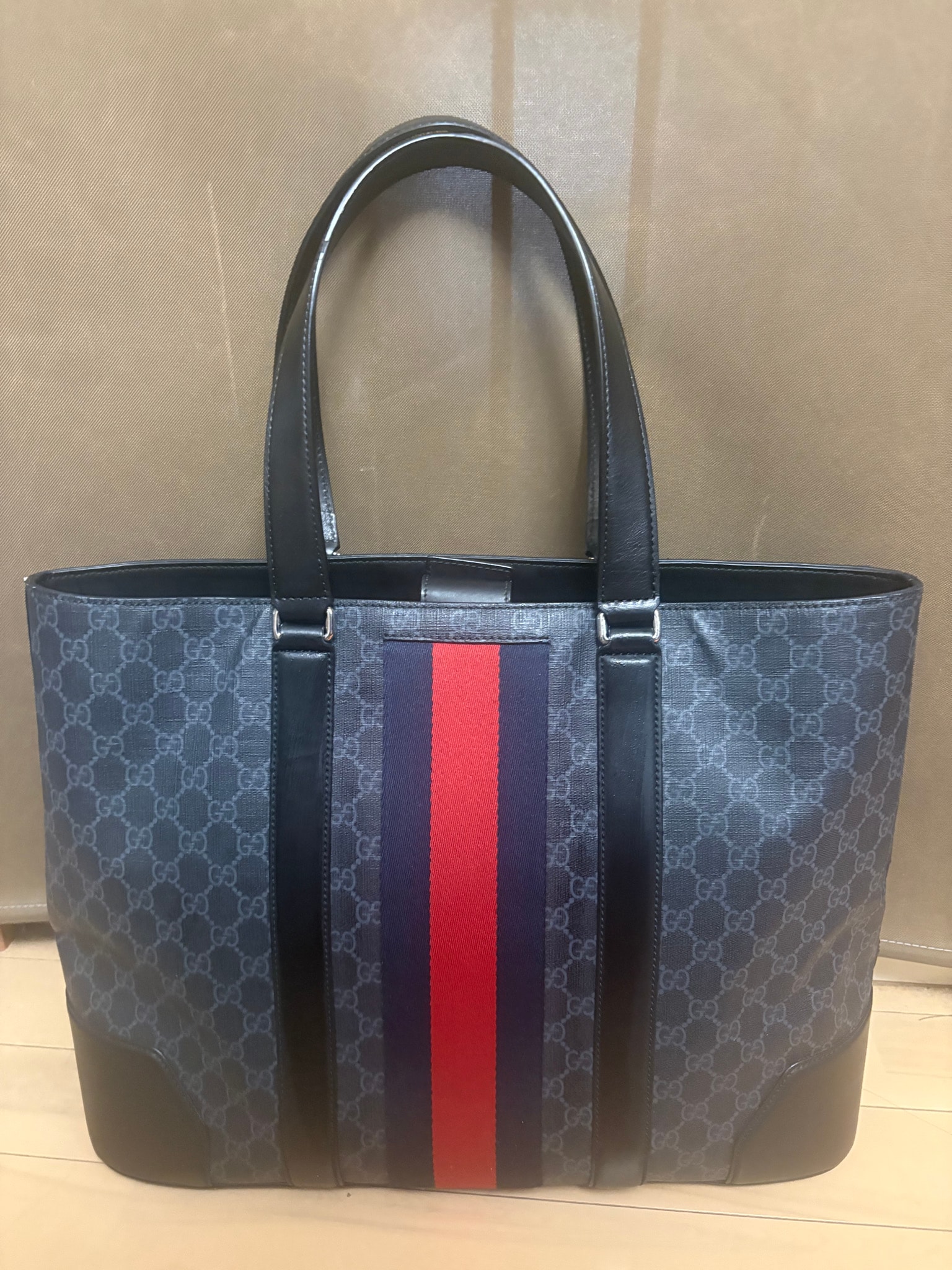 GUCCI 2way Tote Bag Sherry Line GG Supreme "Gray/Black"