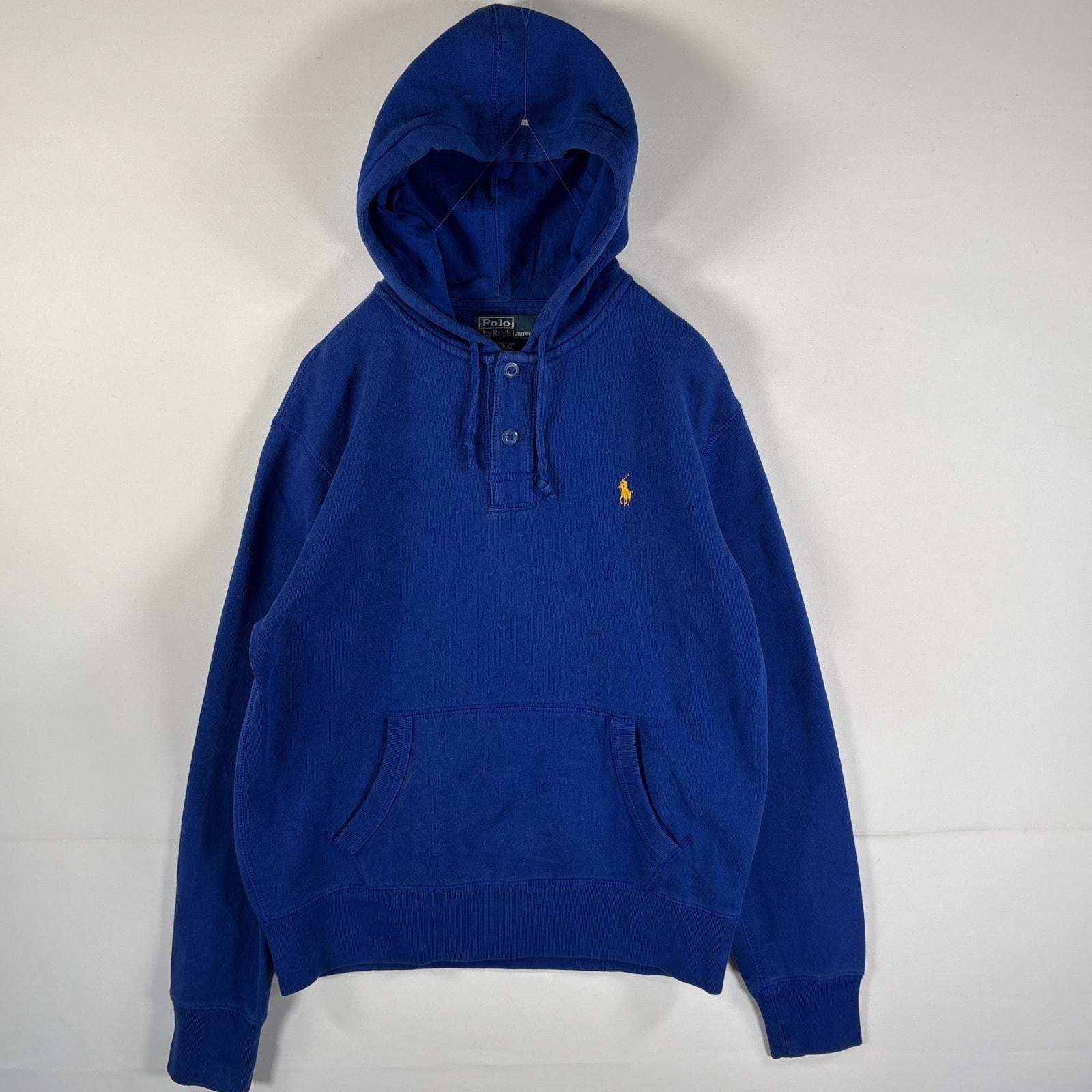 古着 90's/90年代 ポロバイラルフローレン Polo by Ralph Lauren パーカー ハーフボタン 刺繍ロゴ マフポケット M ブルー メンズ