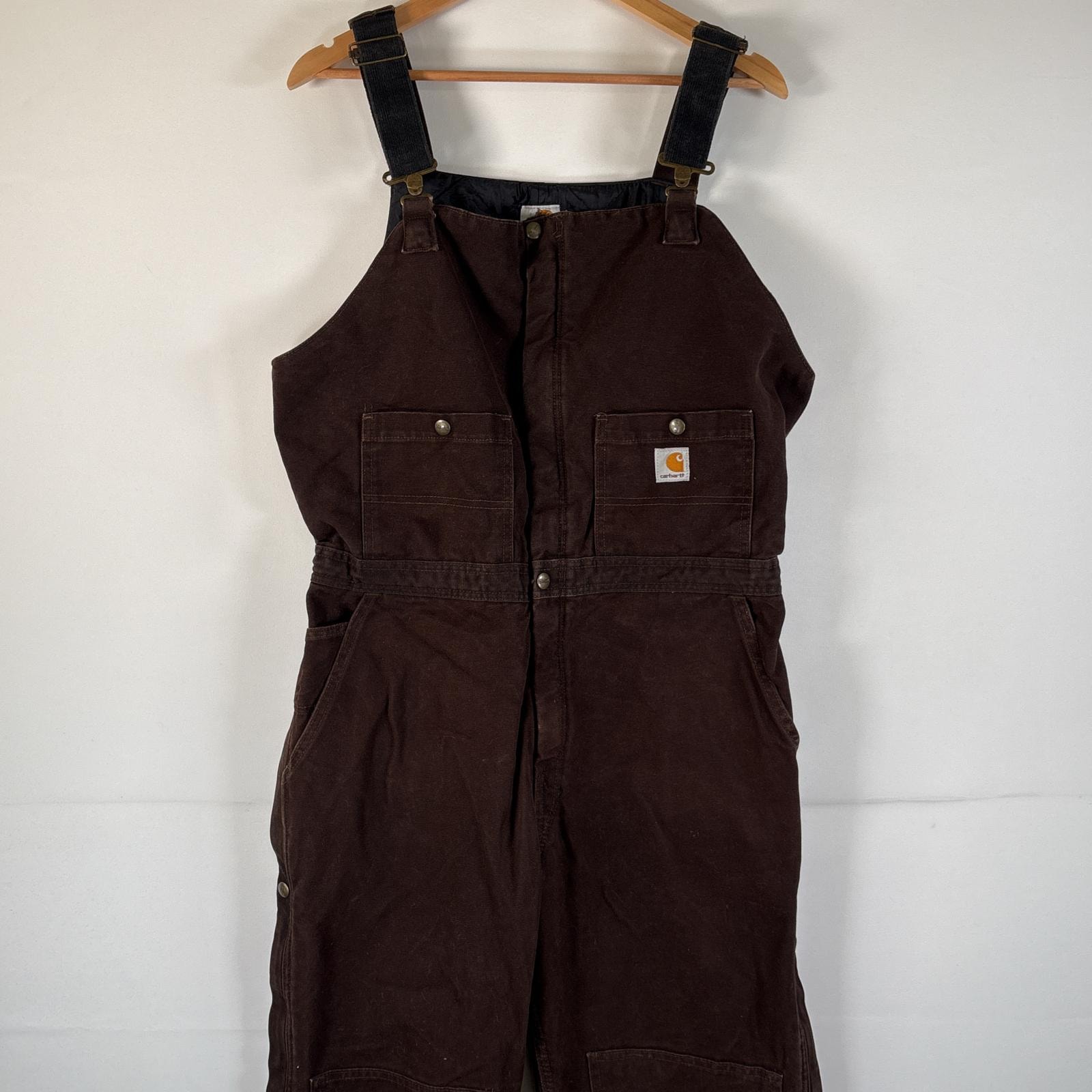 古着 カーハート Carhartt オーバーオール ダック ワンポイントロゴ ワーク ダブルニー スパナポケット サイドポケット 16x30  ブラウン レディース