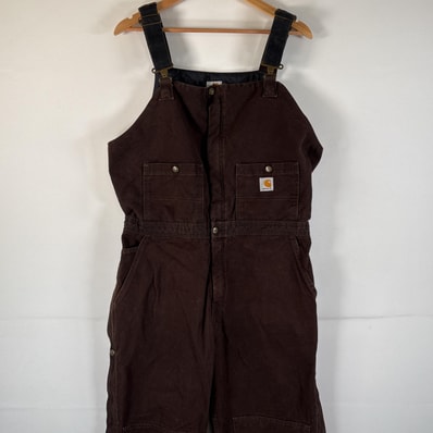 古着 カーハート Carhartt オーバーオール ダック ワンポイントロゴ ワーク ダブルニー スパナポケット サイドポケット 16x30 ブラウン レディース