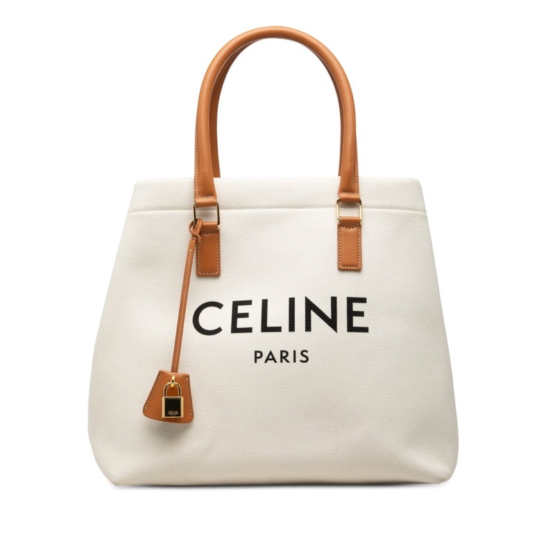 セリーヌ ニューホリゾンタル トートバッグ ホワイト ブラウン キャンバス レザー レディース CELINE 【中古】