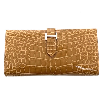 HERMES エルメス ベアン スフレ アリゲーター 長財布 047208CK アリゲーター ブラウン □Q刻印 メンズ【中古】