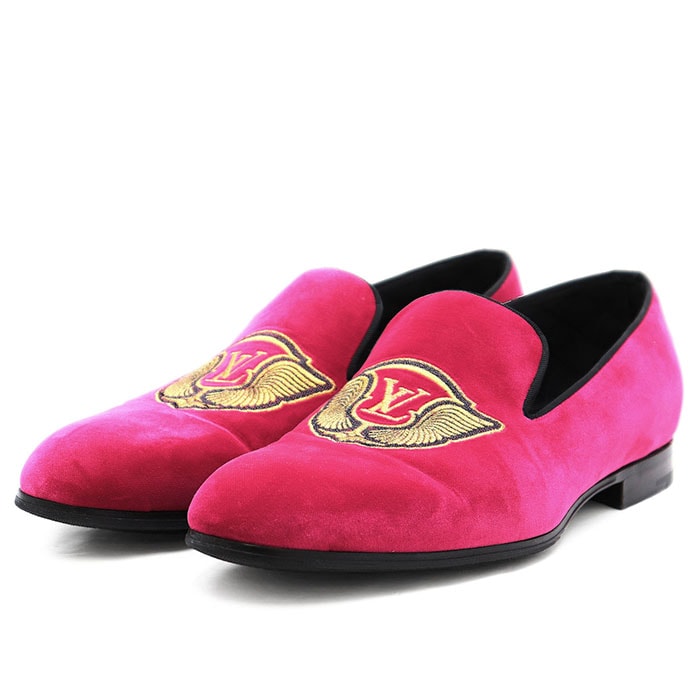 SALE【美品】LOUIS VUITTON ルイ・ヴィトン オペラパンプス ベロア 2018年製 LV ウィングロゴ エンブレム エンブロイダリー 刺繍 ローファー スリッポン シューズ 靴 箱/袋付属 メンズ サイズ 7 ピンク 桃色 イタリア製