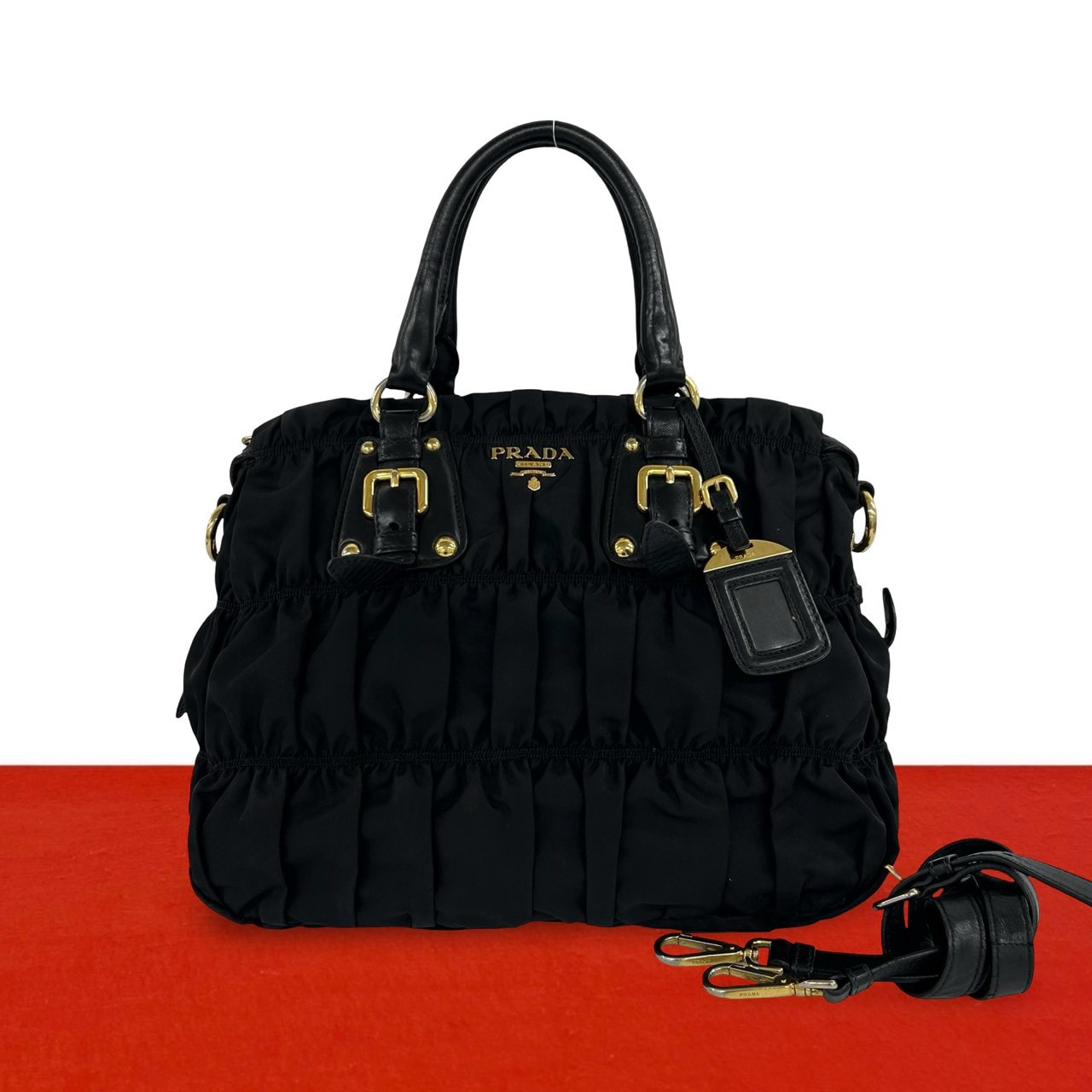 PRADA プラダ ロゴ 金具 ナイロン レザー ショルダーバッグ ブラック
 12210