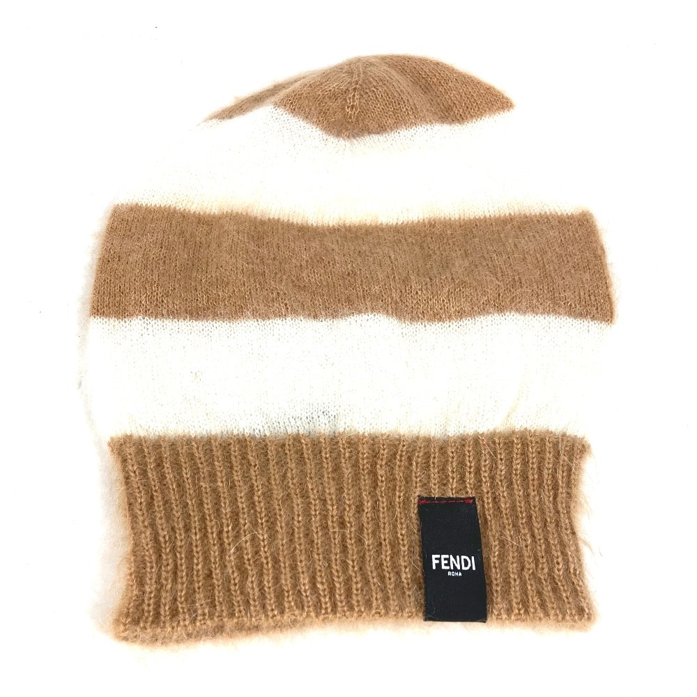 フェンディ FENDI ボーダー FXQ107 ビーニー 帽子 ニット帽 ニットキャップ ニット帽 ブラウン 新品同様