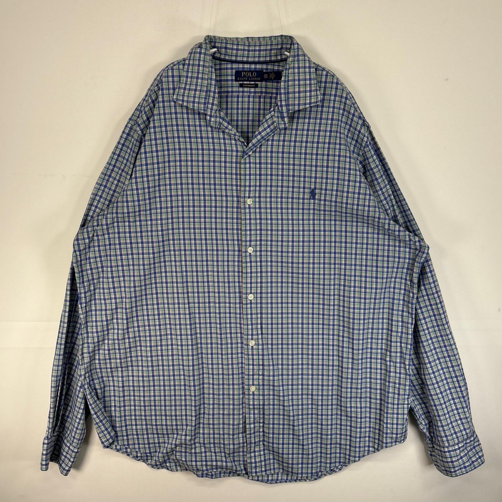 古着 ポロ・ラルフローレン POLO RALPH LAUREN 長袖シャツ ロゴ 刺繍 チェック 大きいサイズ 14041  ブルー系 マルチカラー メンズ
