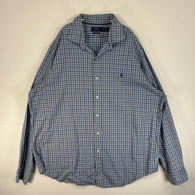 古着 ポロ・ラルフローレン POLO RALPH LAUREN 長袖シャツ ロゴ 刺繍 チェック 大きいサイズ 14041 ブルー系 マルチカラー メンズ