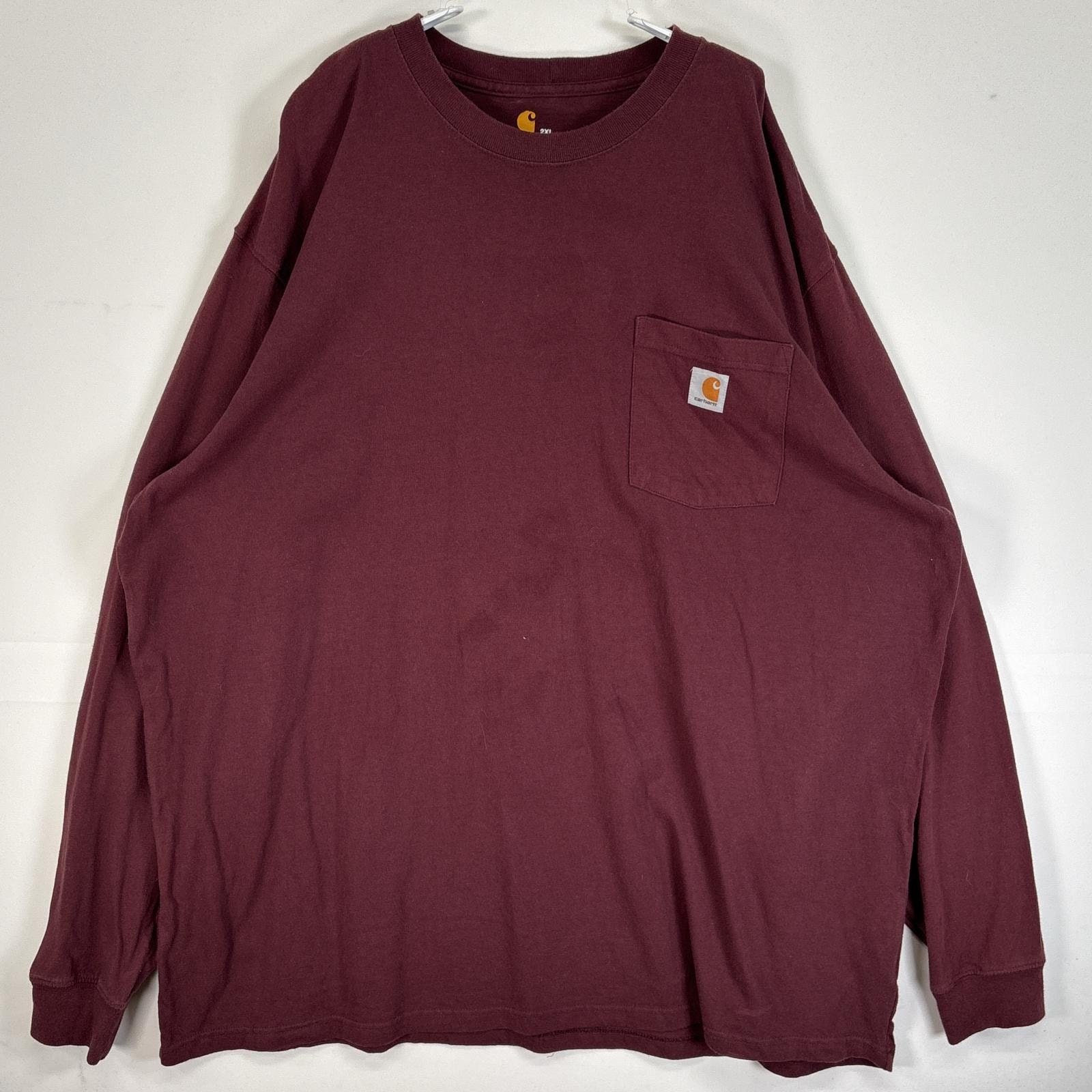 古着 カーハート Carhartt 長袖Tシャツ ワンポイント ロゴ 大きいサイズ 肉厚 クルーネック 2XL  ワインレッド 無地 メンズ