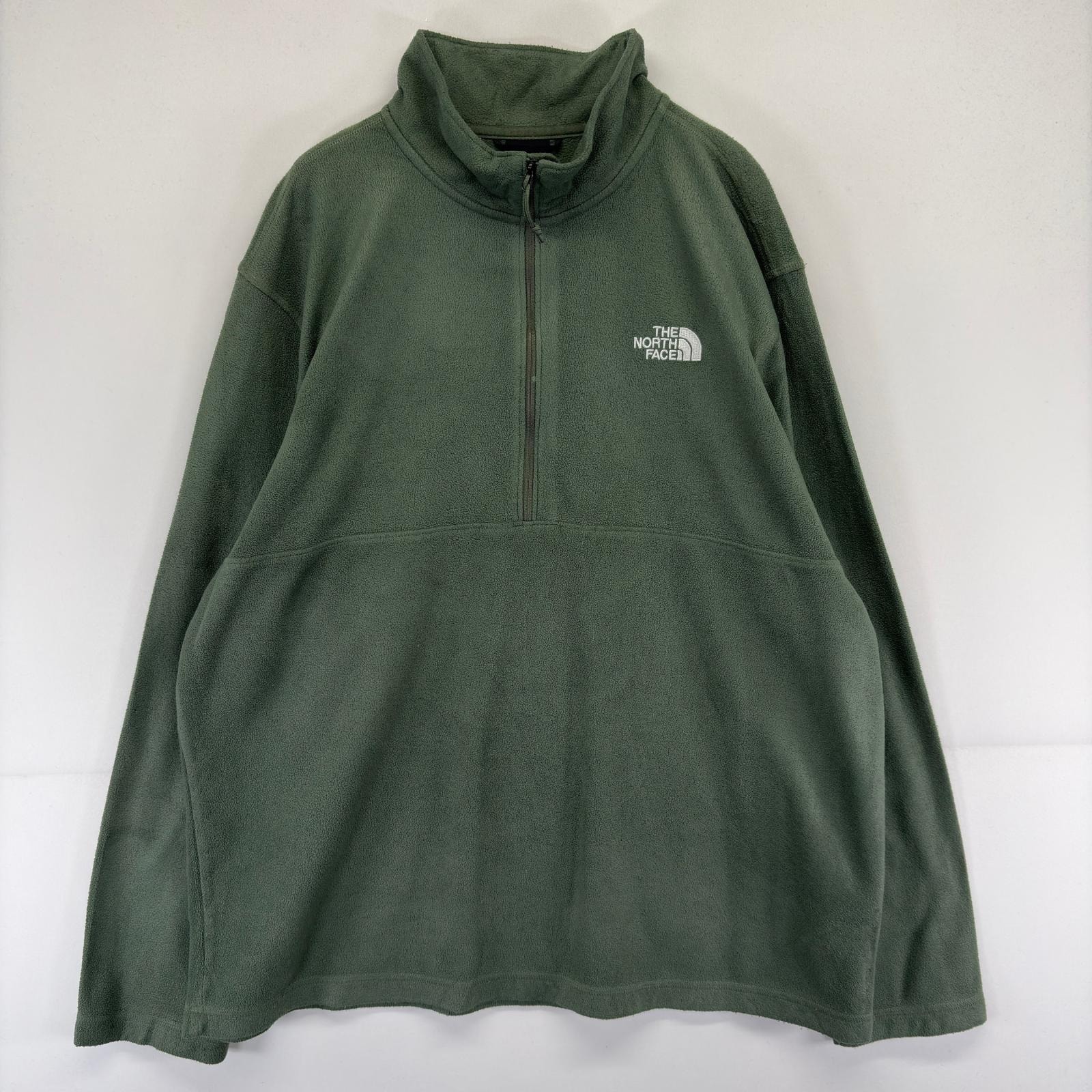 古着 ザ・ノースフェイス THE NORTH FACE フリース トレーナー ハーフジップ ワンポイント 刺繍 薄手 大きいサイズ XL  グリーン メンズ