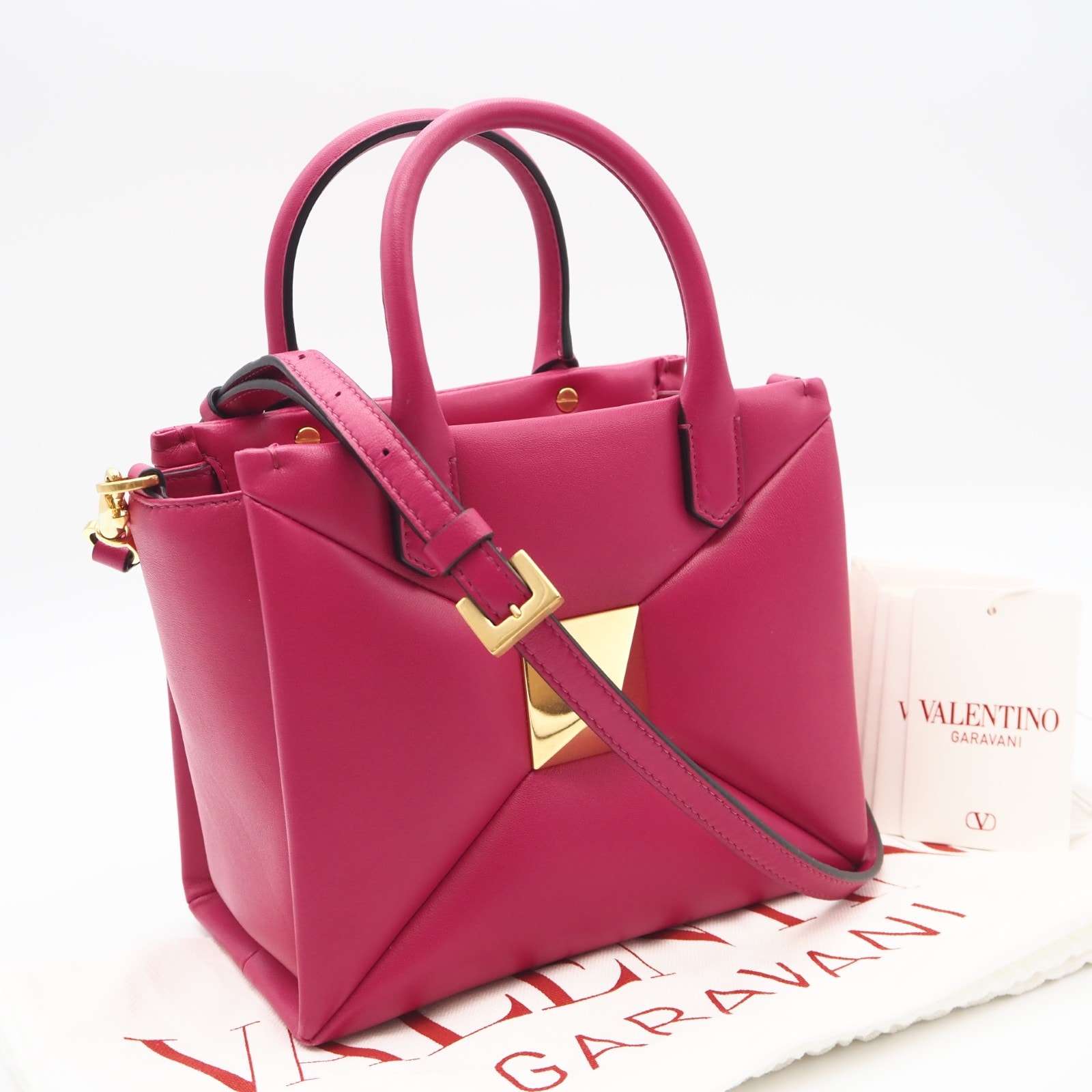 極美品 VALENTINO ヴァレンティノ ガラヴァーニ ワンスタッズ スモール トートバッグ XW0B0K59HHX 2wayハンドバッグ ショッキングピンク ゴールド ラムスキン レディース