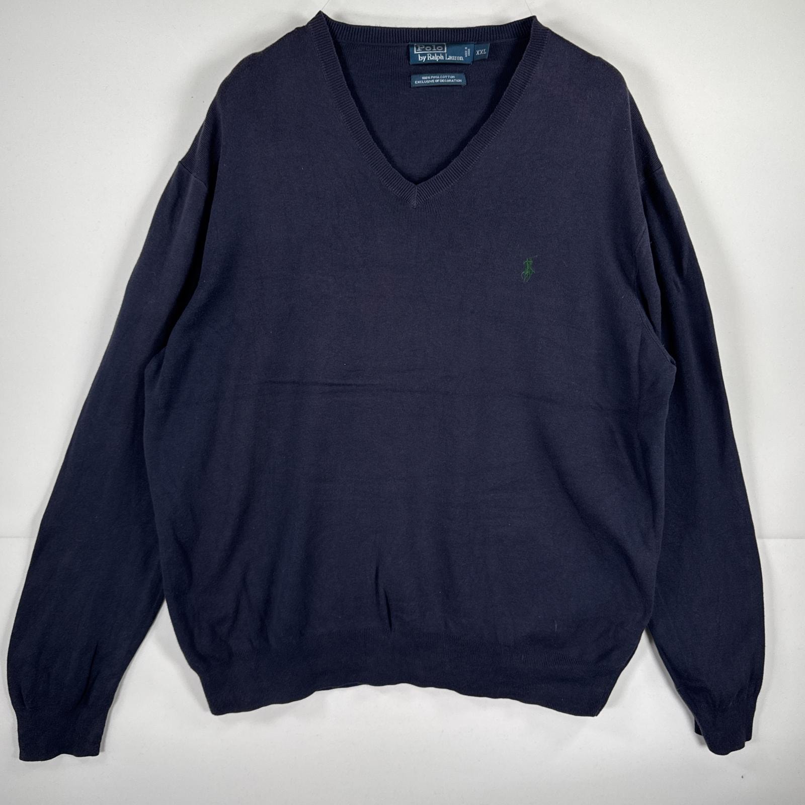 古着 ポロバイラルフローレン Polo by Ralph Lauren 長袖 セーター Vネック ニット ワンポイント 刺繍 大きいサイズ  ネイビー 無地 メンズ