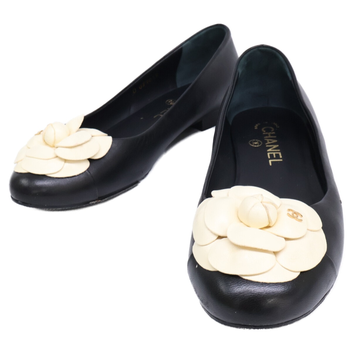 シャネル G29019 ココマーク カメリア レザー フラットシューズ 38 1/2C