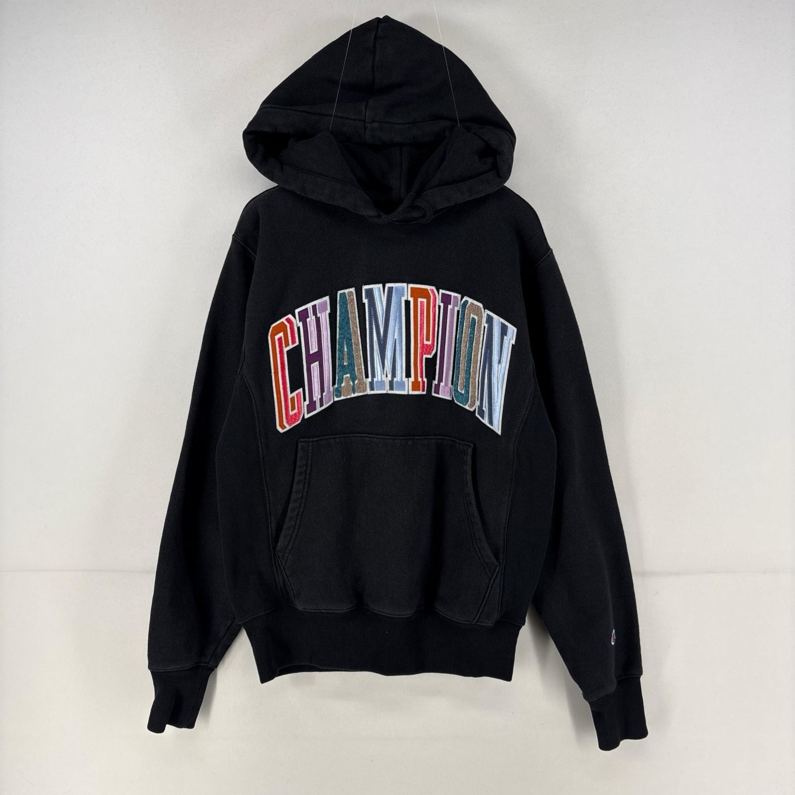古着 チャンピオン Champion スウェット リバースウィーブ ワッペン ロゴ プルオーバー スウェット S ブラック メンズ