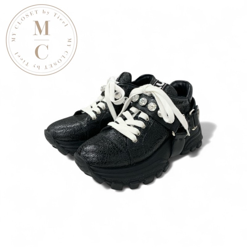 ミュウミュウ MIUMIU スニーカー 靴 シューズ レザー ブラック ロゴ ビジュー クリスタルストラップ
