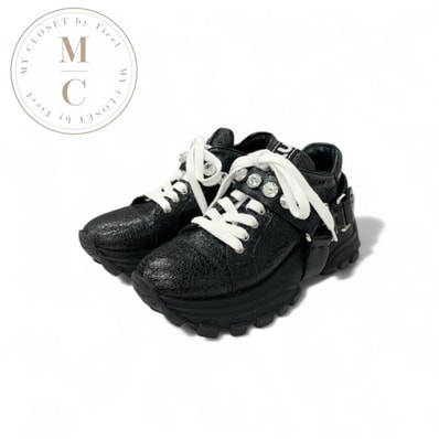 ミュウミュウ MIUMIU スニーカー 靴 シューズ レザー ブラック ロゴ ビジュー クリスタルストラップ