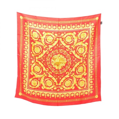 ヴェルサーチ VERSACE 総柄 スカーフ 衣料品 シルク レディース レッド系 / イエロー系 【中古】