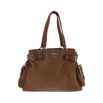 美品 PRADA プラダ ヴィッテロダイノ 三角ロゴプレート ブラウン シルバー金具 レザー トートバッグ ショルダーバッグ 504102 【中古】