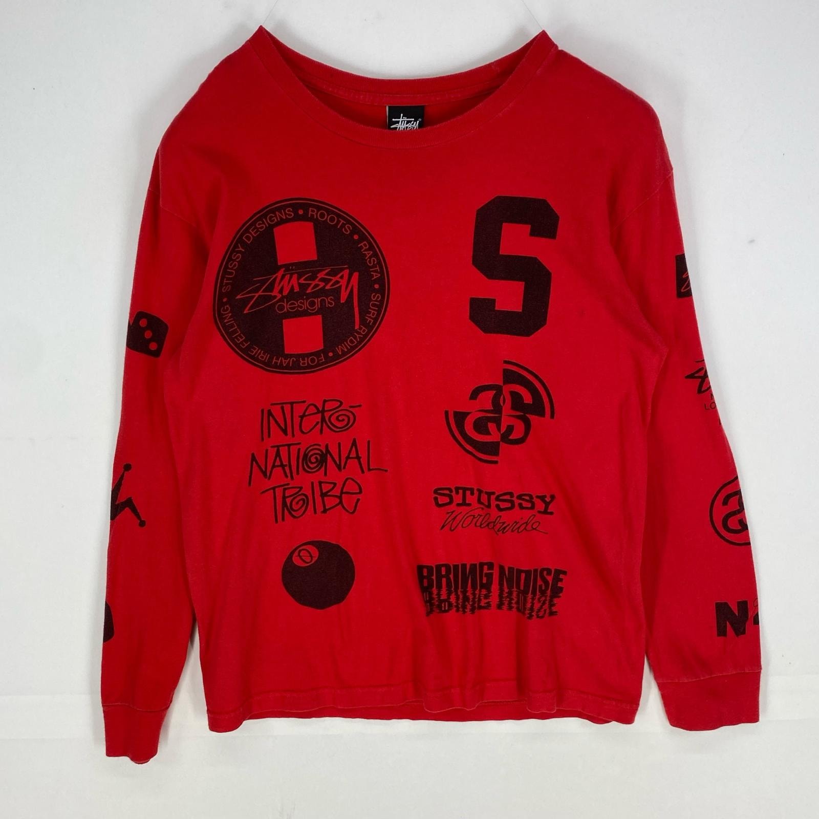 古着 ステューシー STUSSY 半袖Tシャツ クルーネック サーフ 袖プリント ロンT M レッド系 プリント メンズ