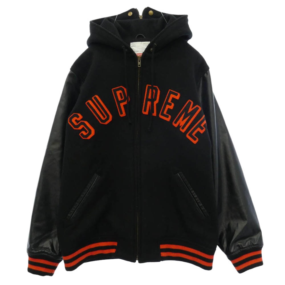 Supreme シュプリーム 12AW Hooded Varsity Jacket アーチロゴ ワッペン フーデッド 袖レザー メルトン バーシティ ジャケット セーラーパーカー ブラック系 L【中古】