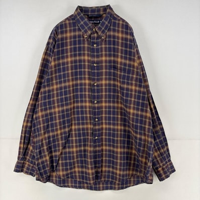 古着 90's/90年代 ノーティカ NAUTICA 長袖シャツ ワンポイント 胸ポケット チェック 刺繍 マルチカラー XL ネイビー系 チェック メンズ
