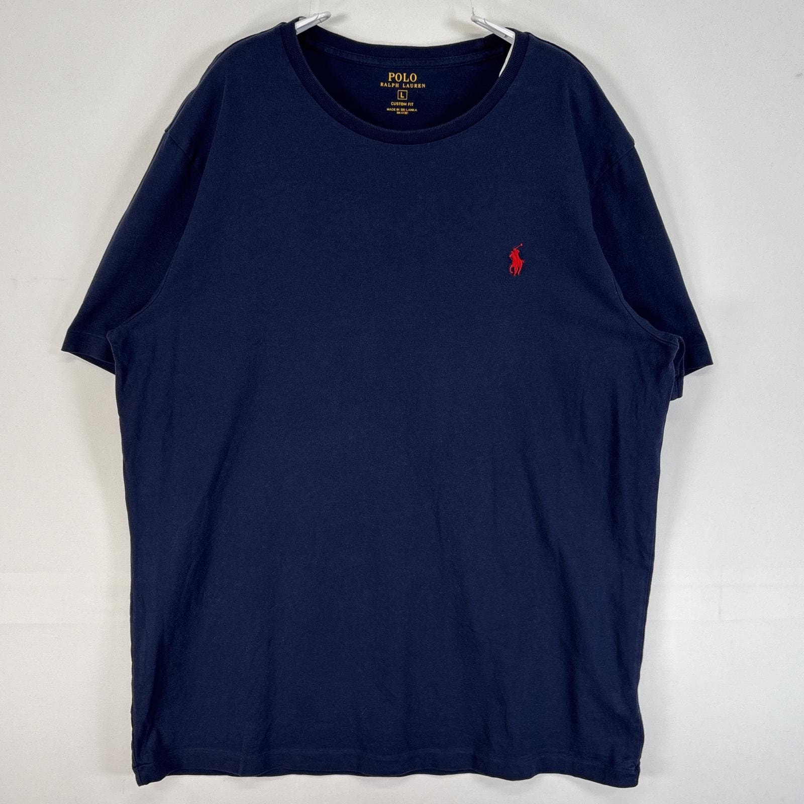 古着 ポロ・ラルフローレン POLO RALPH LAUREN 半袖Tシャツ ロゴ 刺繍 クルーネック L ネイビー 無地 メンズ