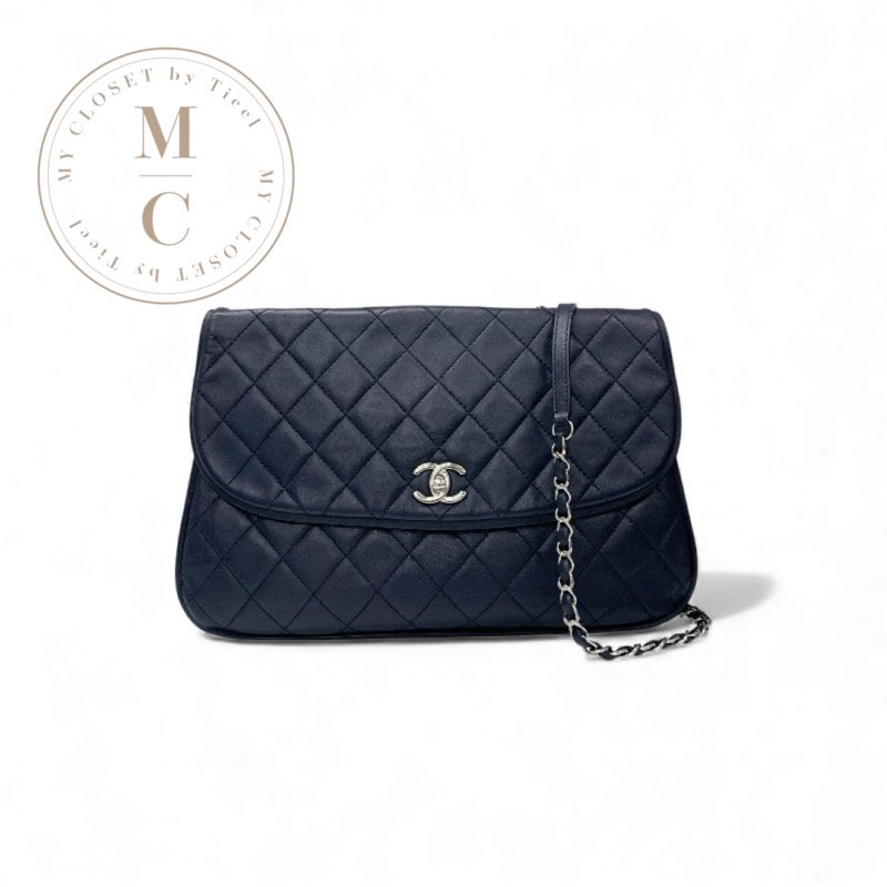 シャネル CHANEL バッグ ショルダーバッグ ラムスキン ネイビー シルバー ココマーク マトラッセ ターンロック シングルフラップ ダブルチェーン