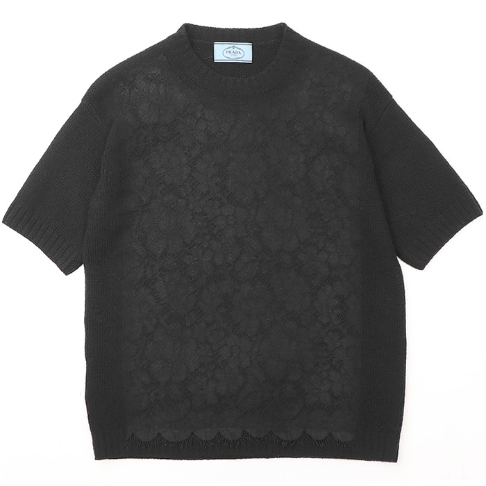 【SALE】【美品】PRADA プラダ ニット サイズ 36 レディース 2015年モデル ウール × カシミヤ フローラル レース プルオーバー クルーネック ショートスリーブ 半袖 トップス ブラック 黒 イタリア製