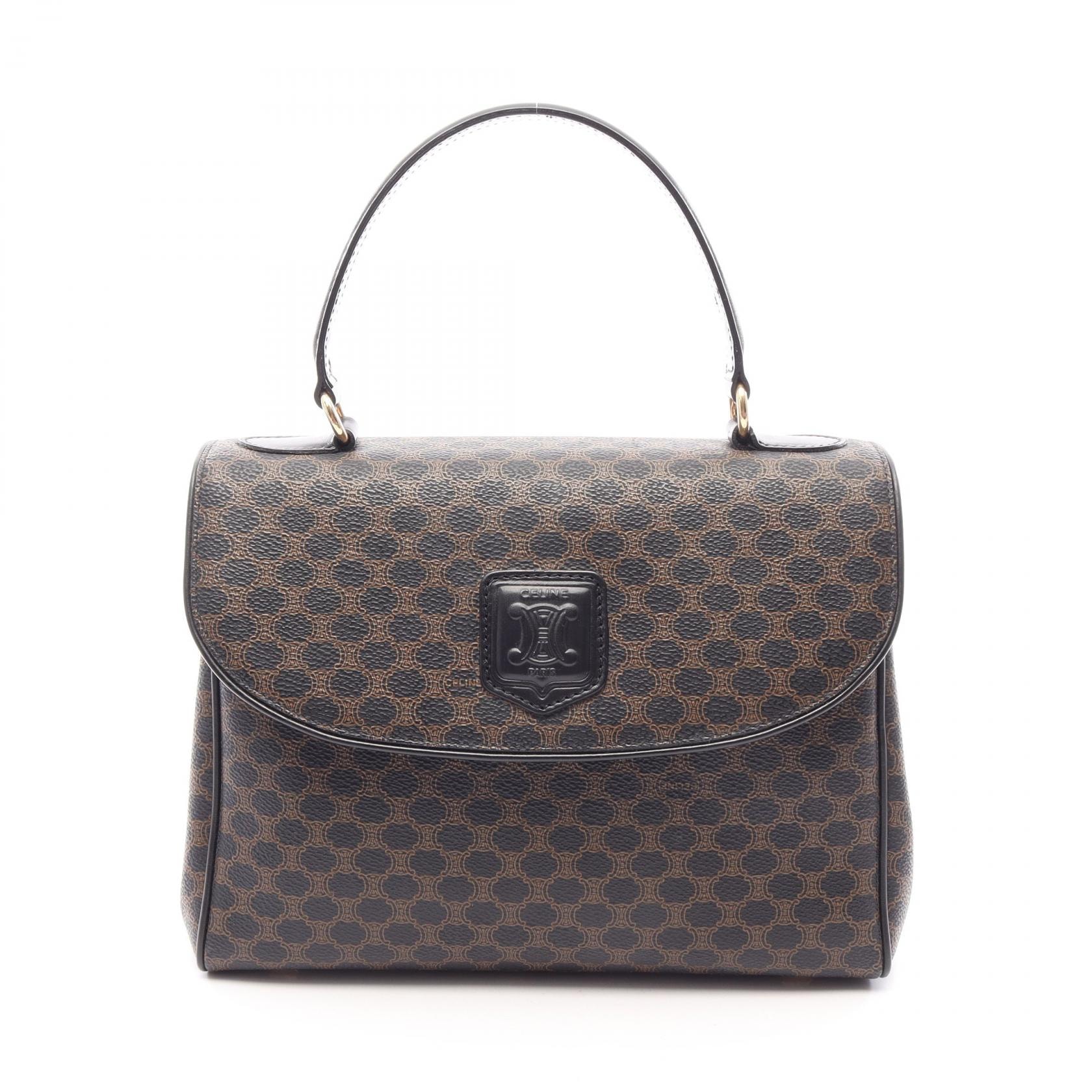 セリーヌ CELINE マカダム トップハンドル ハンドバッグ バッグ PVCコーティングキャンバス レザー レディース ブラック系 / ブラウン系 【中古】