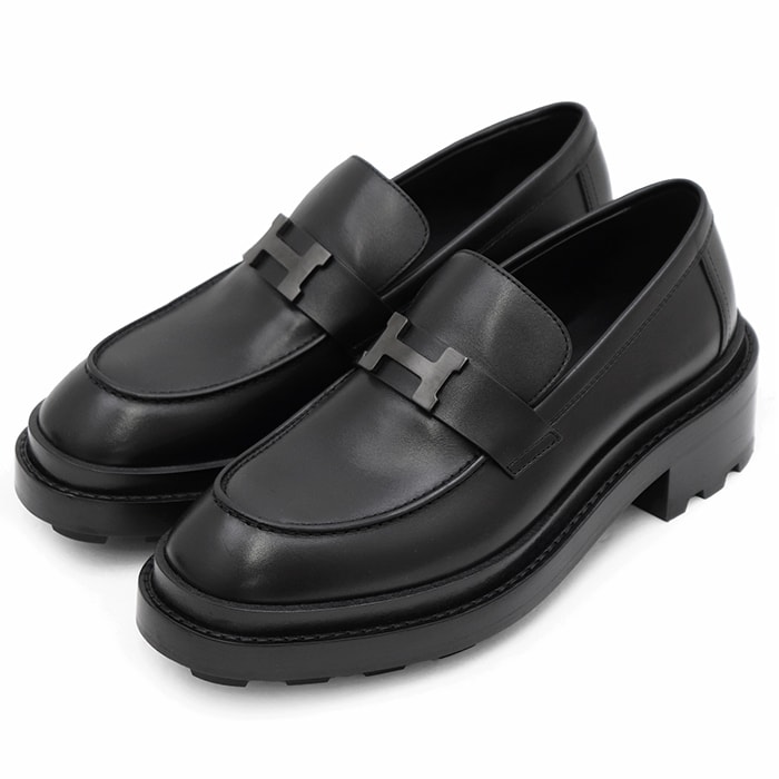 【新品同様】HERMES エルメス レザー ローファー サイズ 38 レディース  252134Z 2024SS モカシン H バックル チャンキーソール 厚底 ブーツ シューズ 靴 箱・袋付属 ブラック 黒 イタリア製