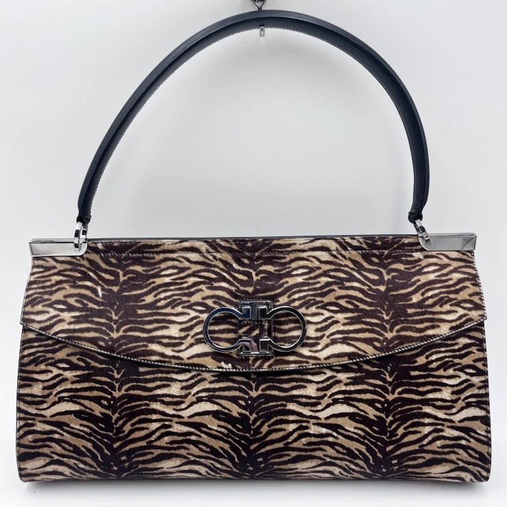 Salvatore Ferragamo(サルヴァトーレフェラガモ)ガンチーニ ヴィンテージ ハンドバッグ レオパード柄 ハラコ調 ブラウン シルバー金具 レディース【中古】