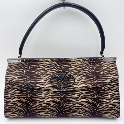 Salvatore Ferragamo(サルヴァトーレフェラガモ)ガンチーニ ヴィンテージ ハンドバッグ レオパード柄 ハラコ調 ブラウン シルバー金具 レディース【中古】