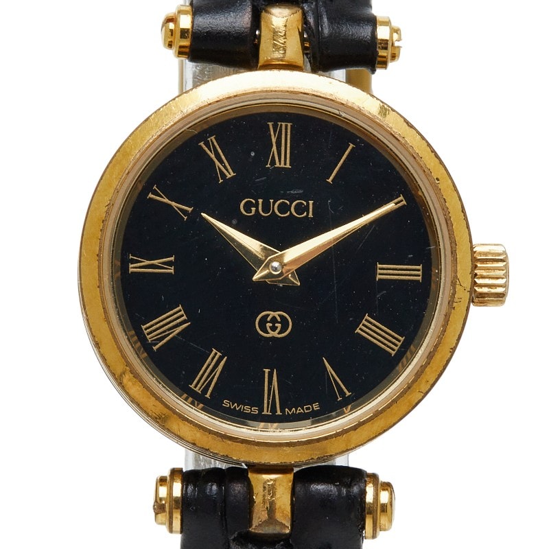 グッチ 腕時計 ベルト社外品 クオーツ ブラック文字盤 メッキ レザー レディース GUCCI 【中古】
