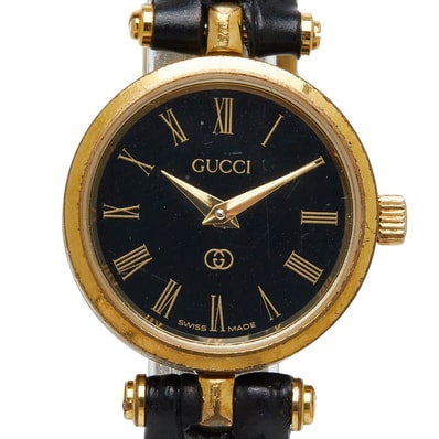 グッチ 腕時計 ベルト社外品 クオーツ ブラック文字盤 メッキ レザー レディース GUCCI 【中古】