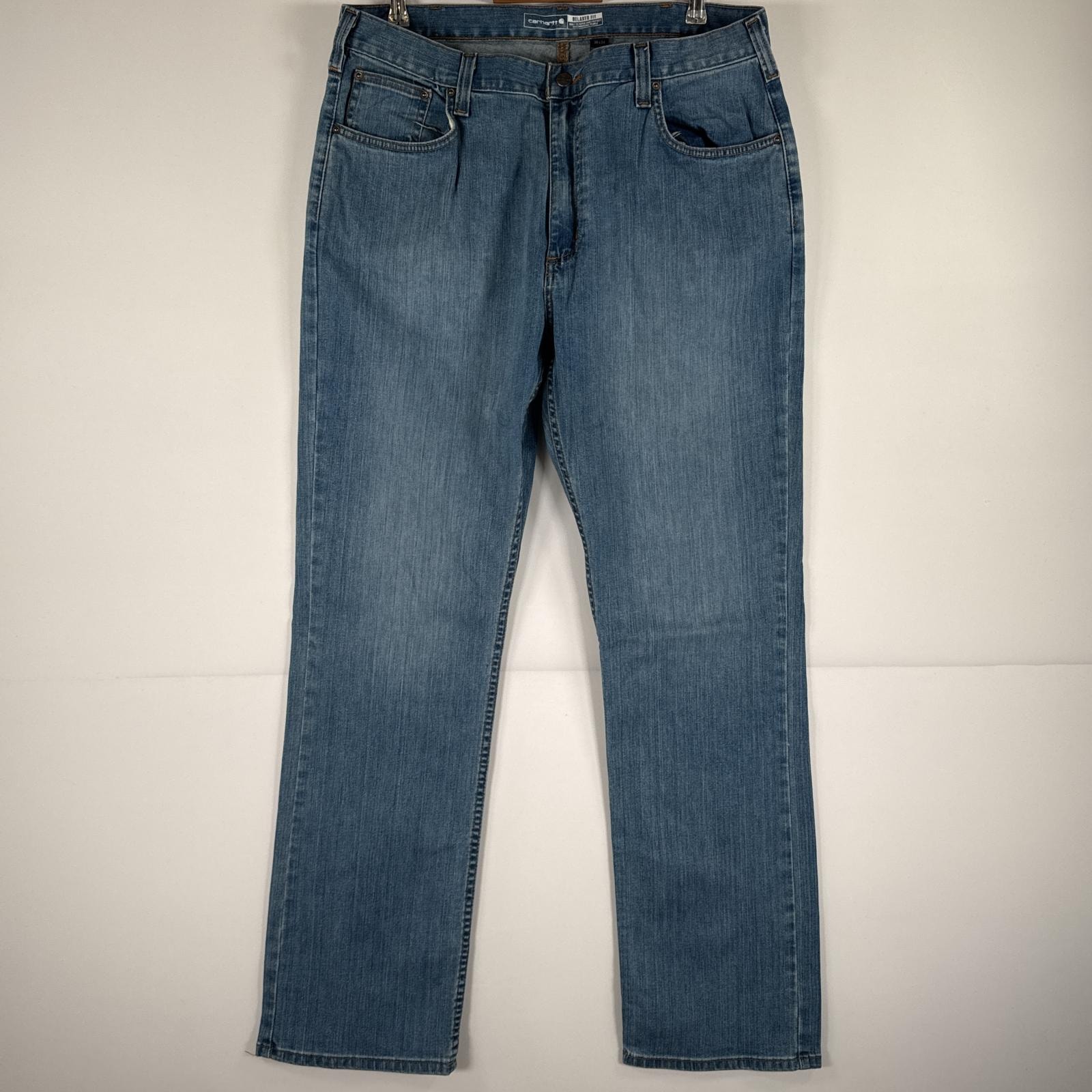 古着 カーハート Carhartt デニムパンツ ジーパン 5ポケット ワンポイント ロゴ ストレート 大きいサイズ ストレッチ w38 L34  ブルー メンズ