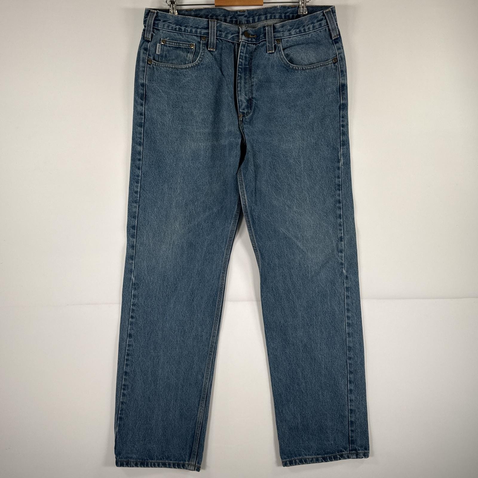 古着 カーハート Carhartt デニムパンツ ジーパン 5ポケット ワンポイント ロゴ ワークパンツ テーパード 大きいサイズ  ブルー メンズ