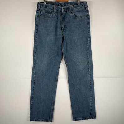 古着 カーハート Carhartt デニムパンツ ジーパン 5ポケット ワンポイント ロゴ ワークパンツ テーパード 大きいサイズ ブルー メンズ