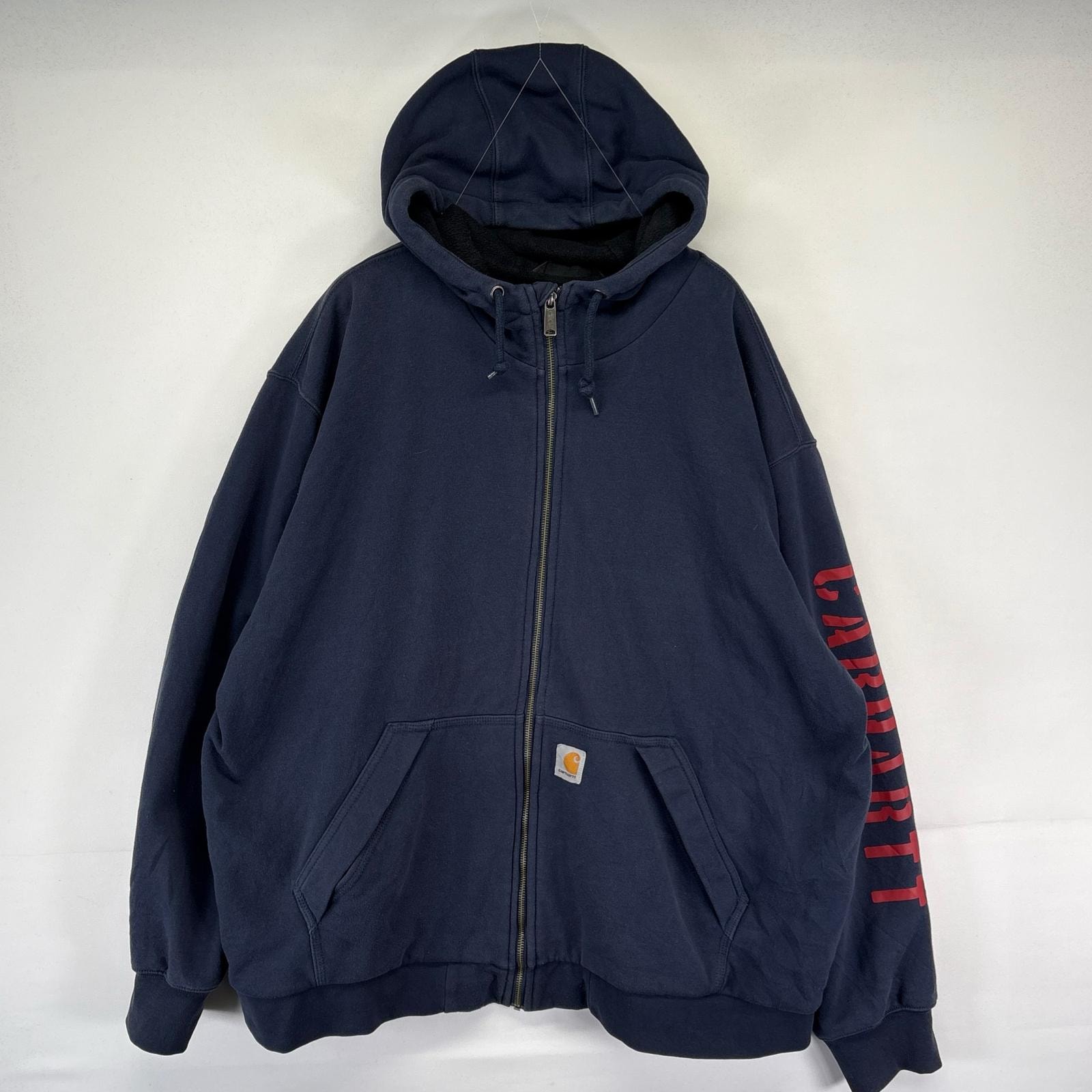 古着 カーハート Carhartt パーカー フルジップ スウェット スリーブロゴ 大きいサイズ LOOSE FIT 2XL  ネイビー系 メンズ