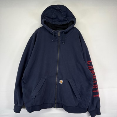 古着 カーハート Carhartt パーカー フルジップ スウェット スリーブロゴ 大きいサイズ LOOSE FIT 2XL ネイビー系 メンズ