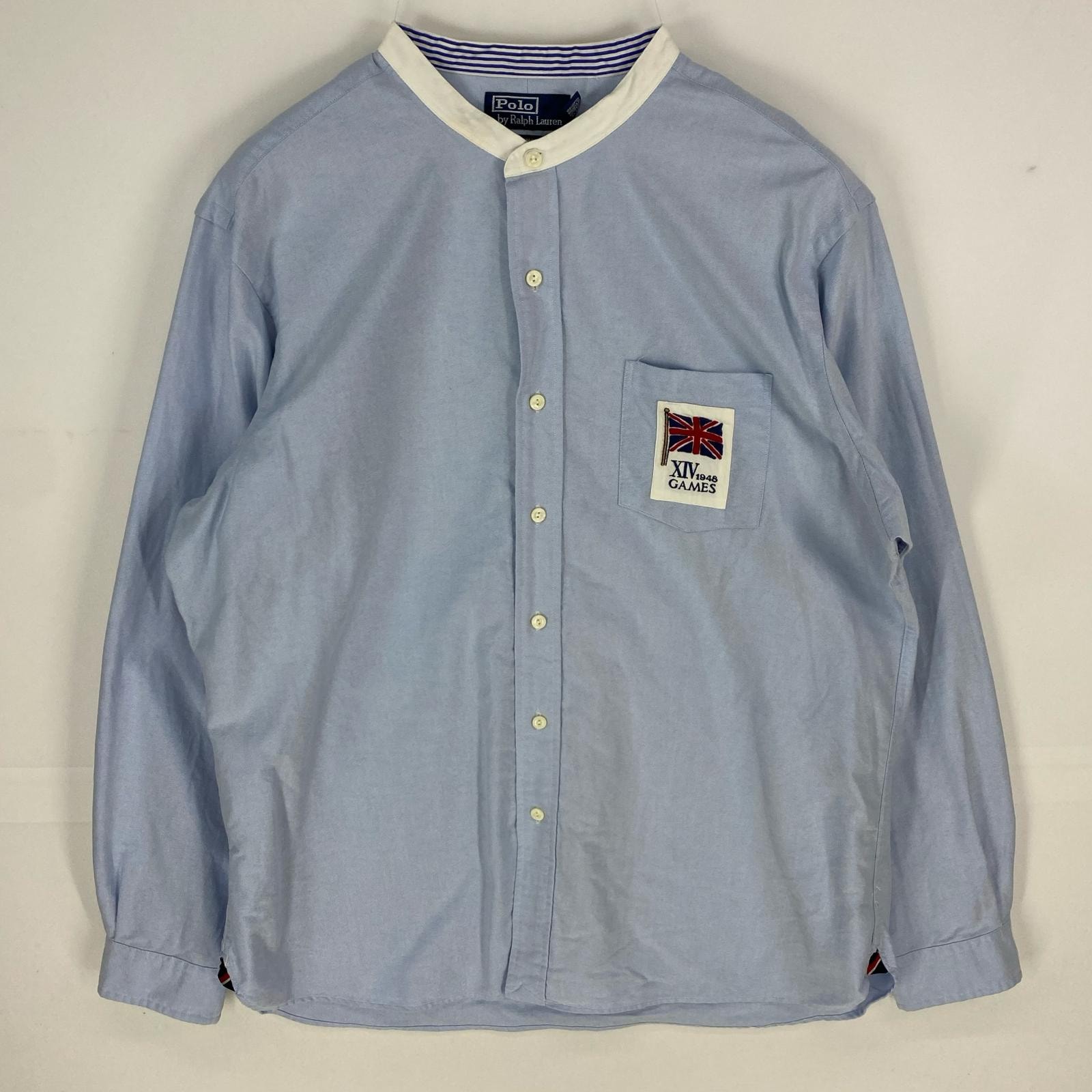 古着 ポロバイラルフローレン Polo by Ralph Lauren 長袖シャツ 胸ポケット ワッペン マオカラー XL  ブルー系 ツートン メンズ
