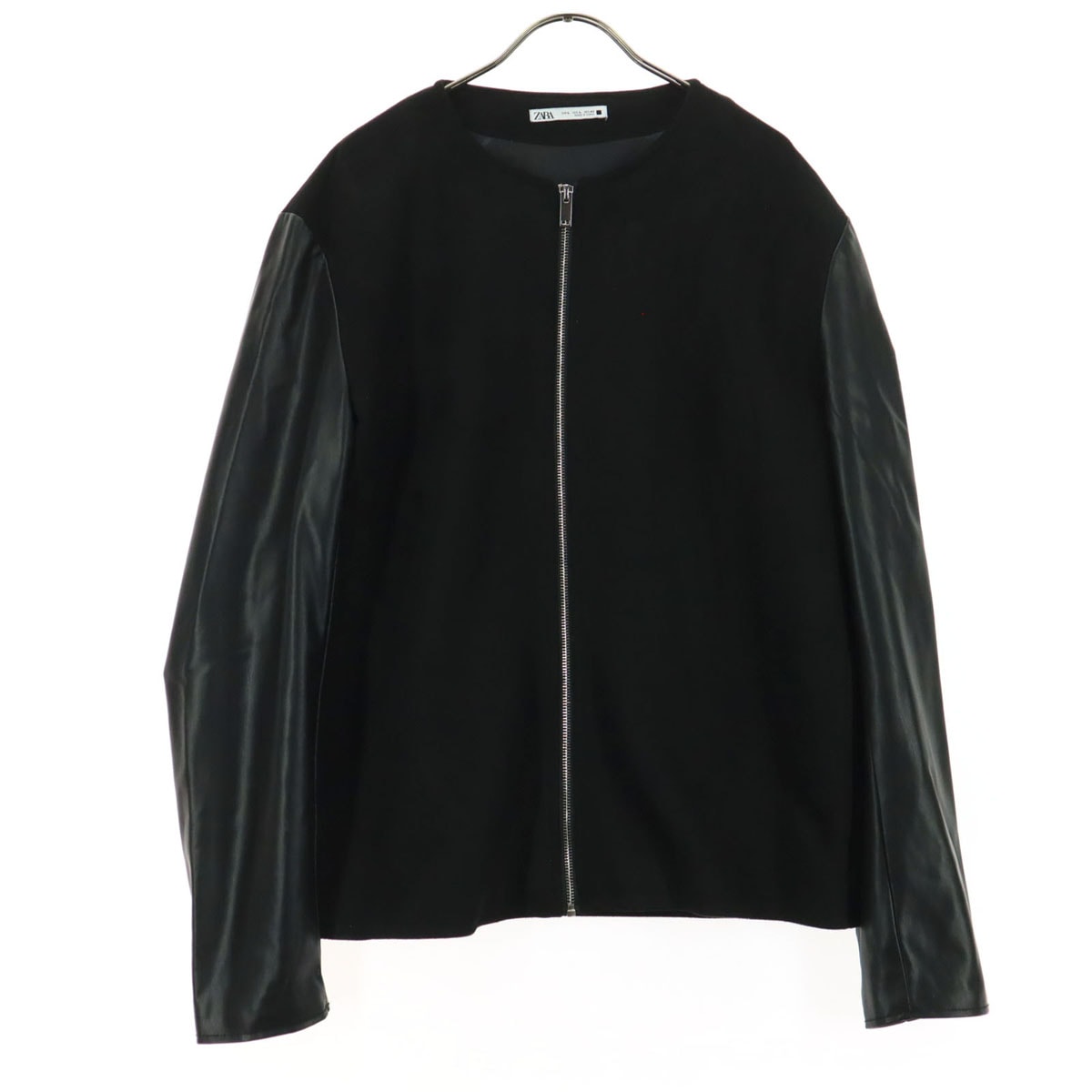 ZARA ザラ 長袖 ジップ フェイクレザー 切り替え ノーカラージャケット L ブラック