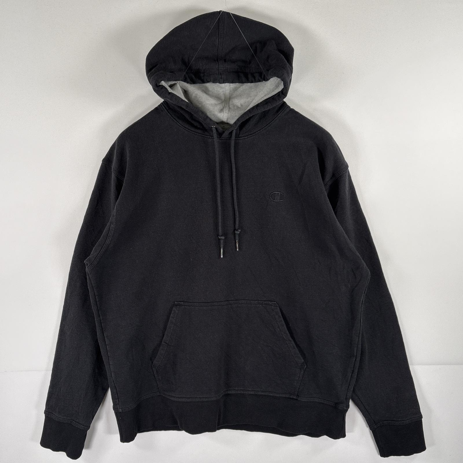古着 チャンピオン Champion パーカー スウェット フーディ ワンポイントロゴ プルオーバー ワッペン L  ブラック メンズ