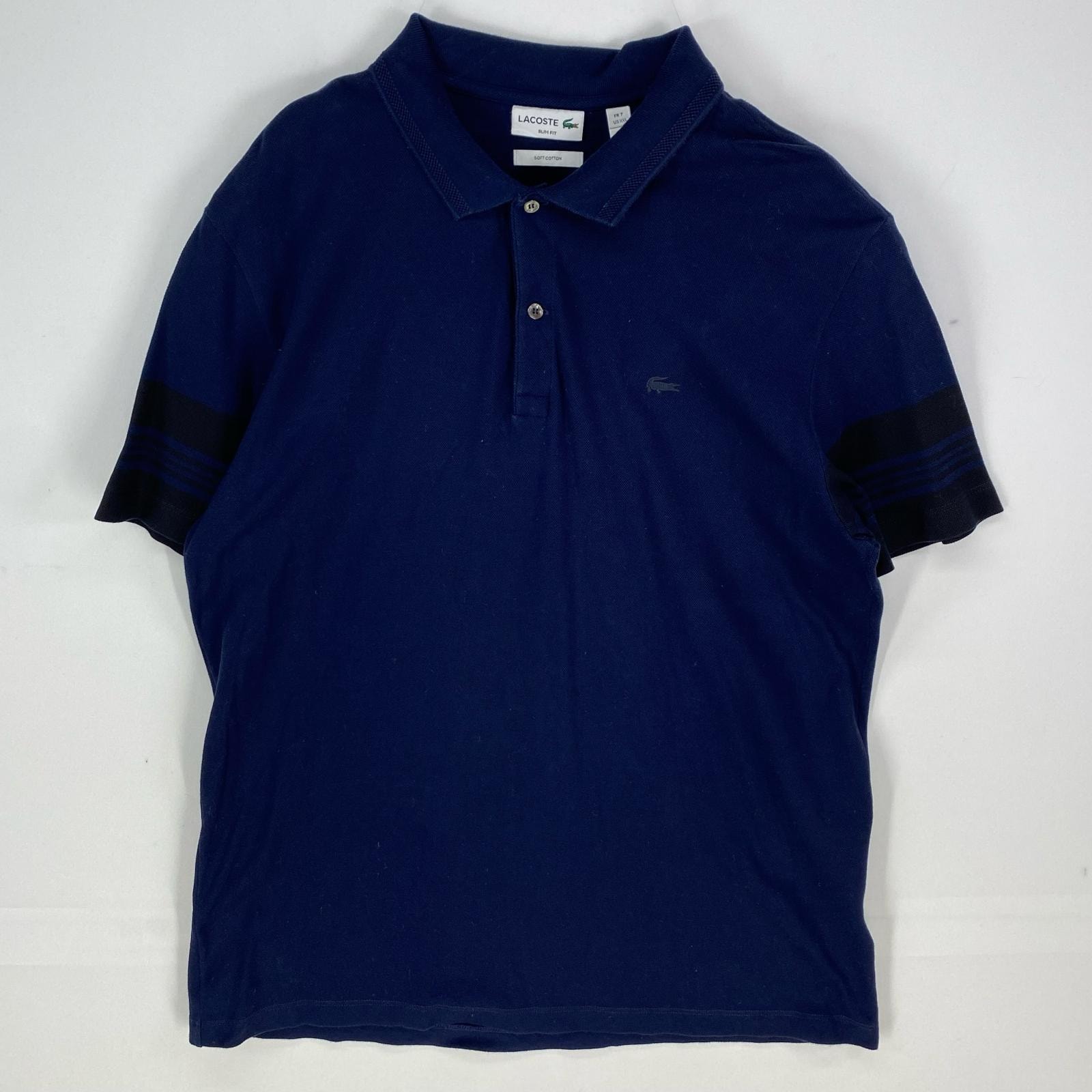 古着 ラコステ LACOSTE 鹿の子 半袖シャツ ワンポイント スリムフィット ポロシャツ ハーフボタン 2XL  ネイビー系 メンズ