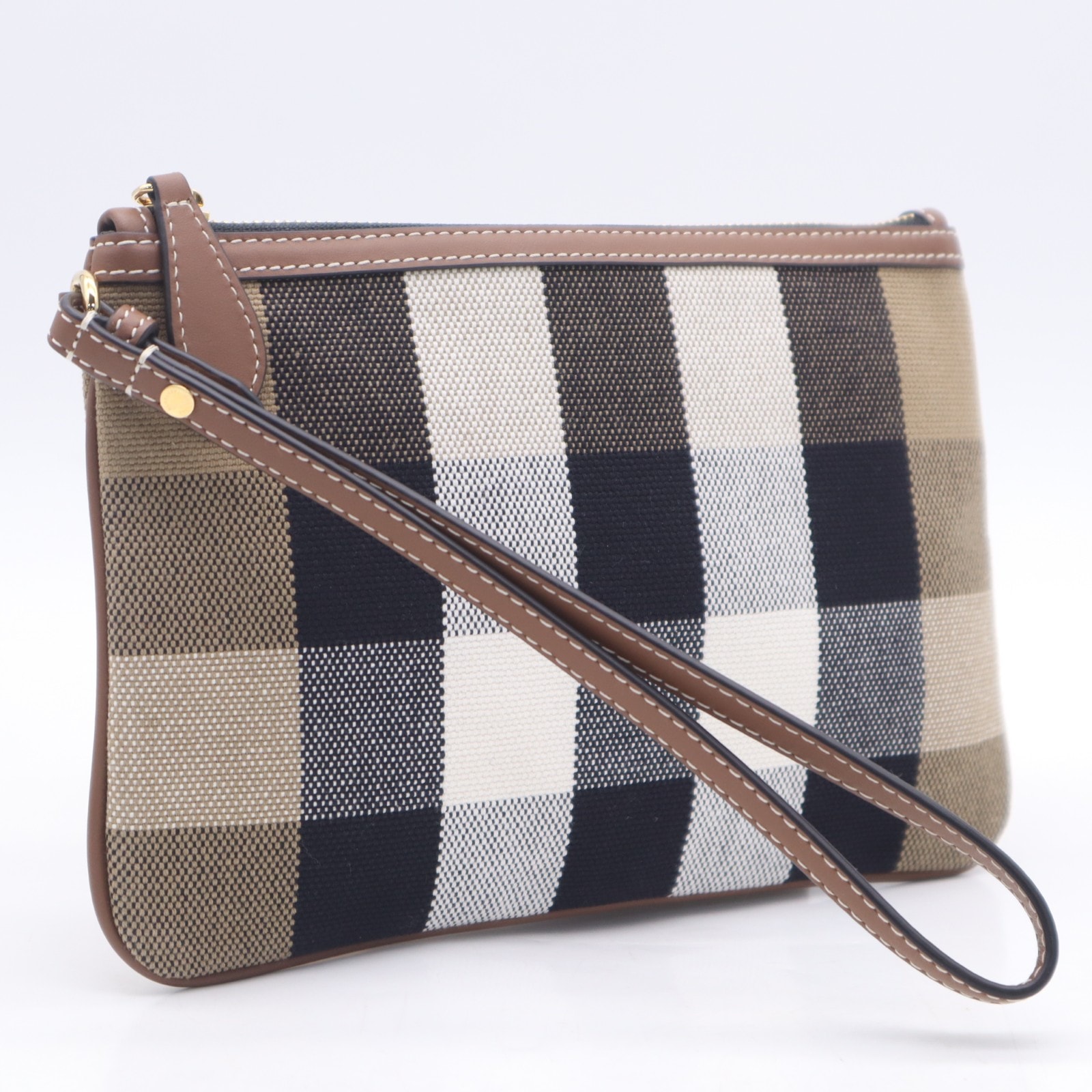 極美品 BURBERRY バーバリー コットン ニューペイトン リストポーチ 80840481 クラッチバッグ ブラウン ホワイト ブラック コットン レディース